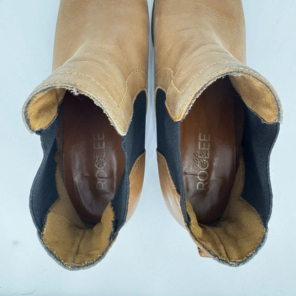 Roolee Womens Slip On Ankle Boot Size 39‎ Tan Black Elastic Side Block Heel